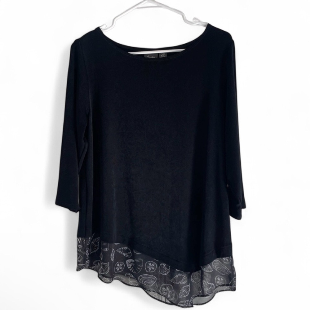 Chico's Travelers Black Sheer Seashell Trimming Asymmetrical Top Size 2P Large P